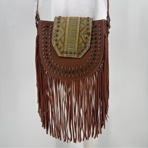 Trinity Ranch Studded Fringe Crossbody Bag Western Boho Tooled Flap